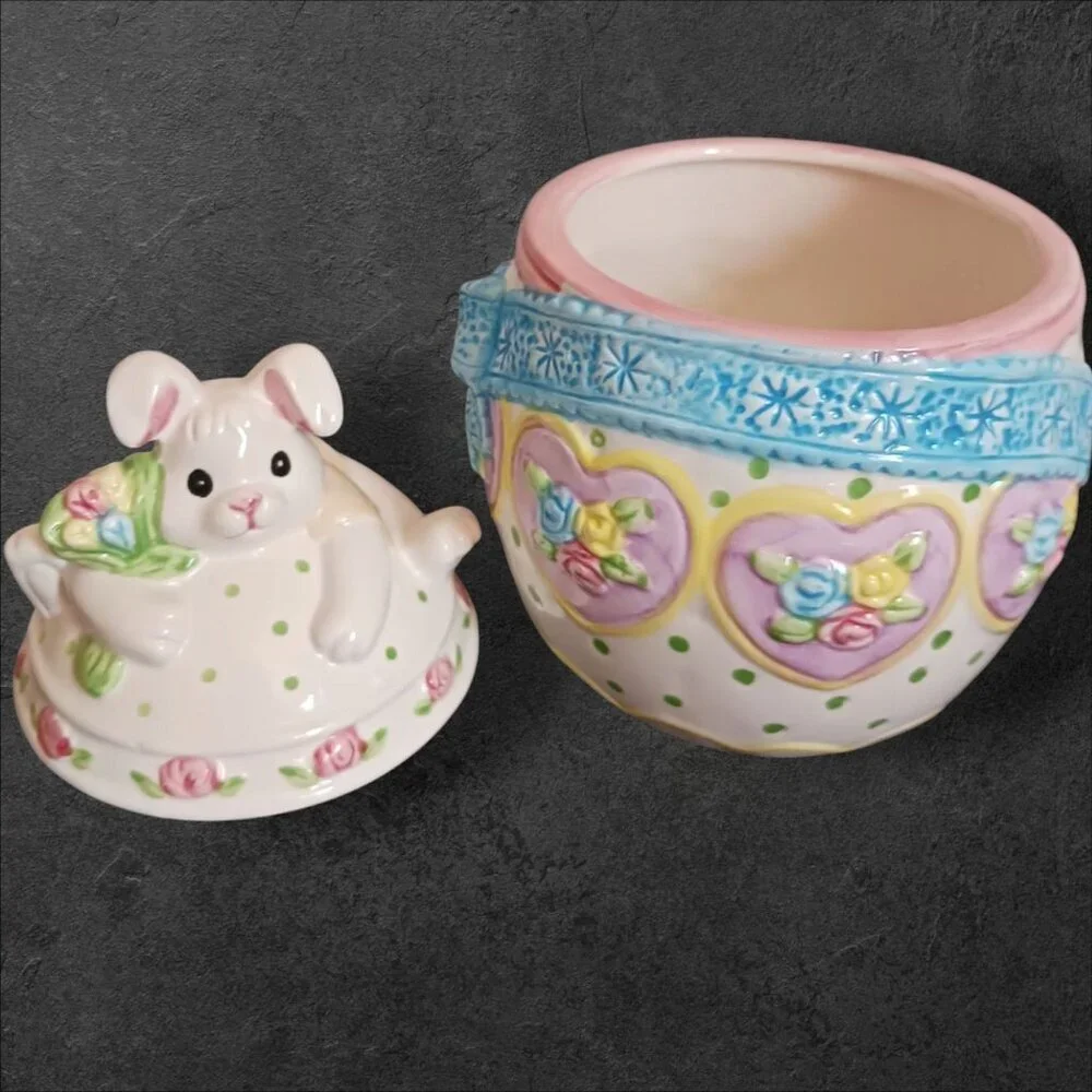 Ceramic Bunny Cookie Jar With Floral & Heart Details Pastel Colors Spring/Easter
